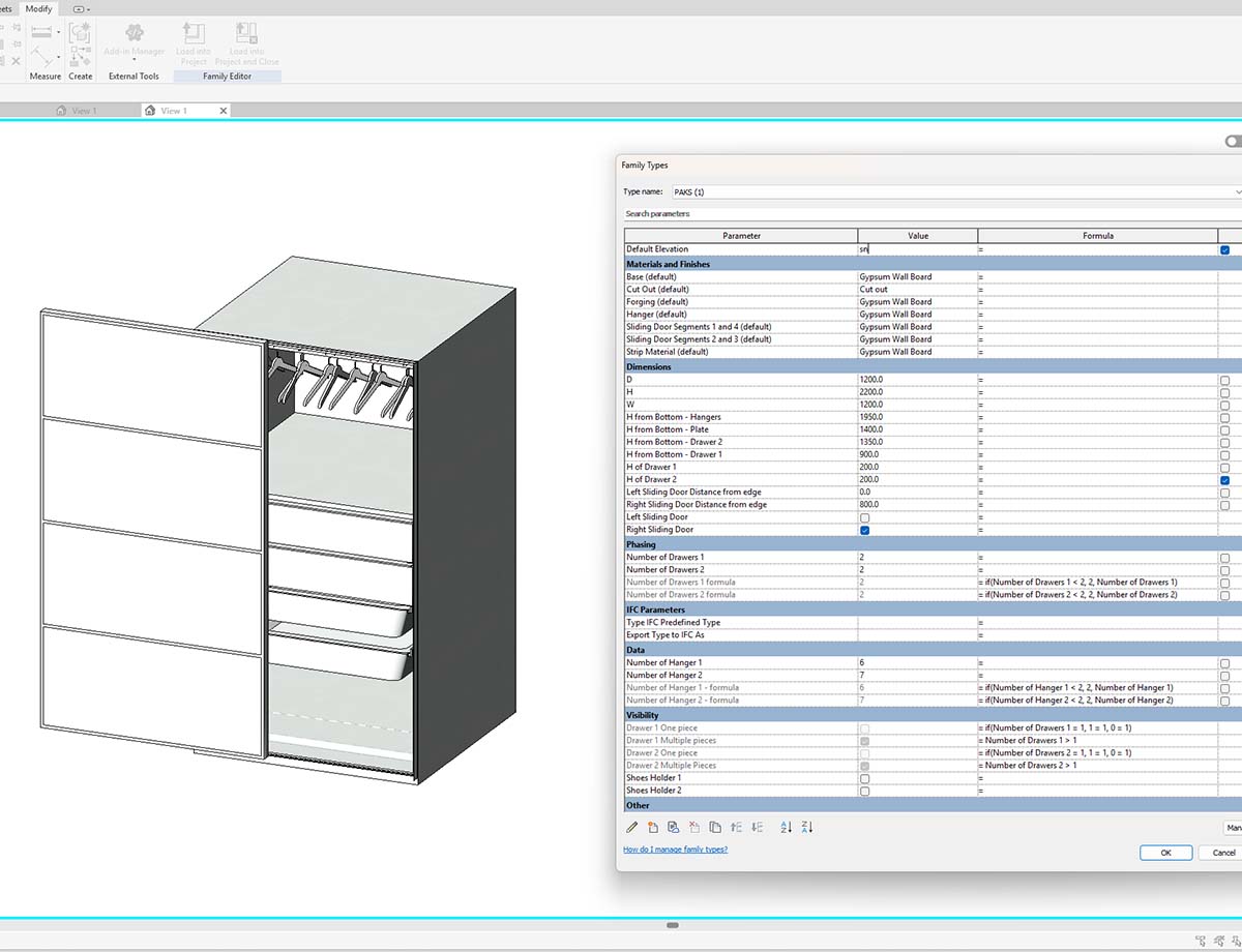 Ukážka parametrickej Revit family skrine s tabuľkou parametrov