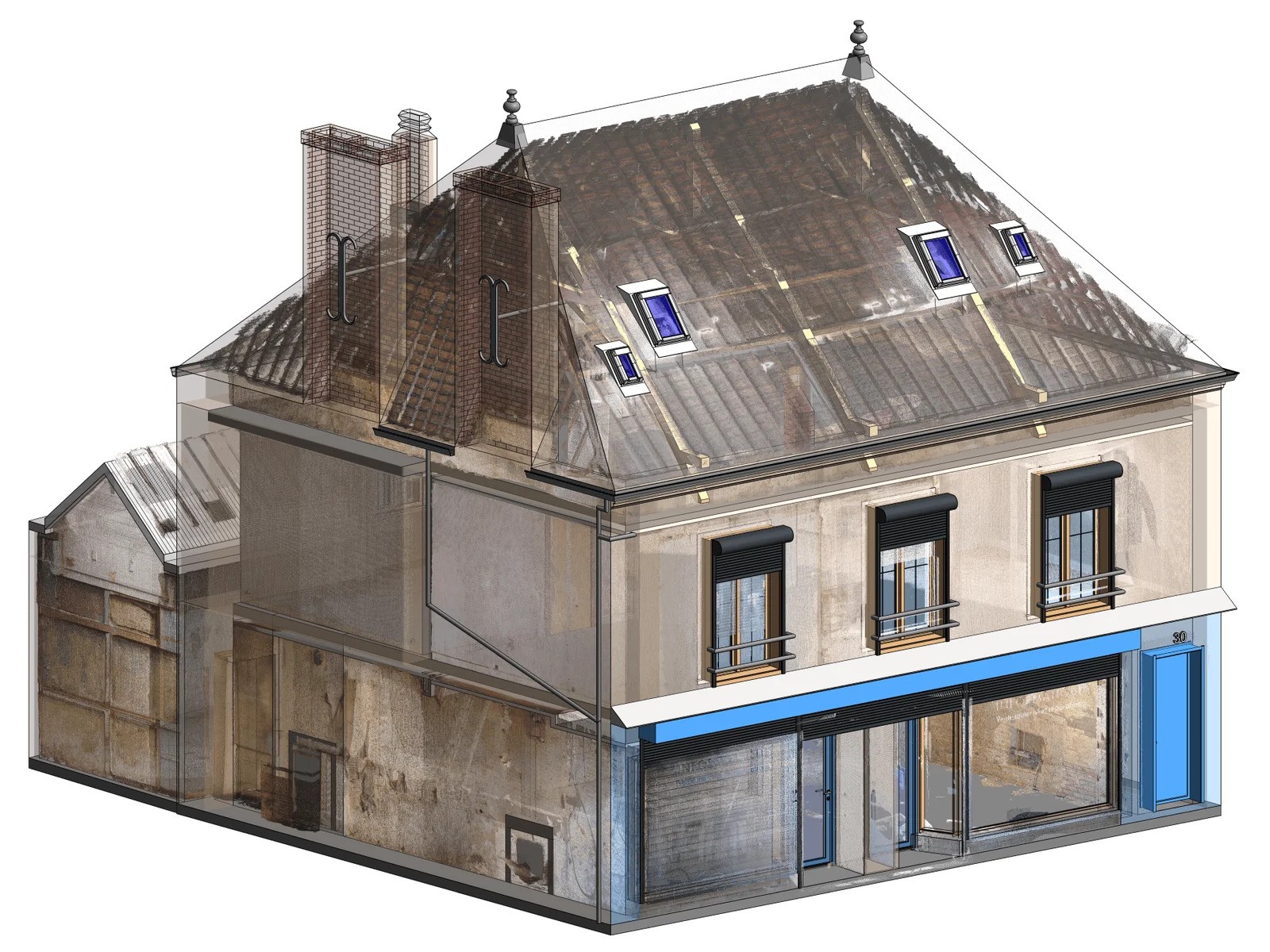 Mračno bodov prekryté s Revit modelom budovy