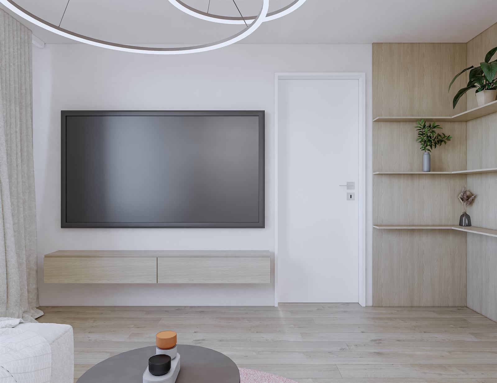 3D vizualizácia interiéru v béžovej farbe s drevom, iný pohľad