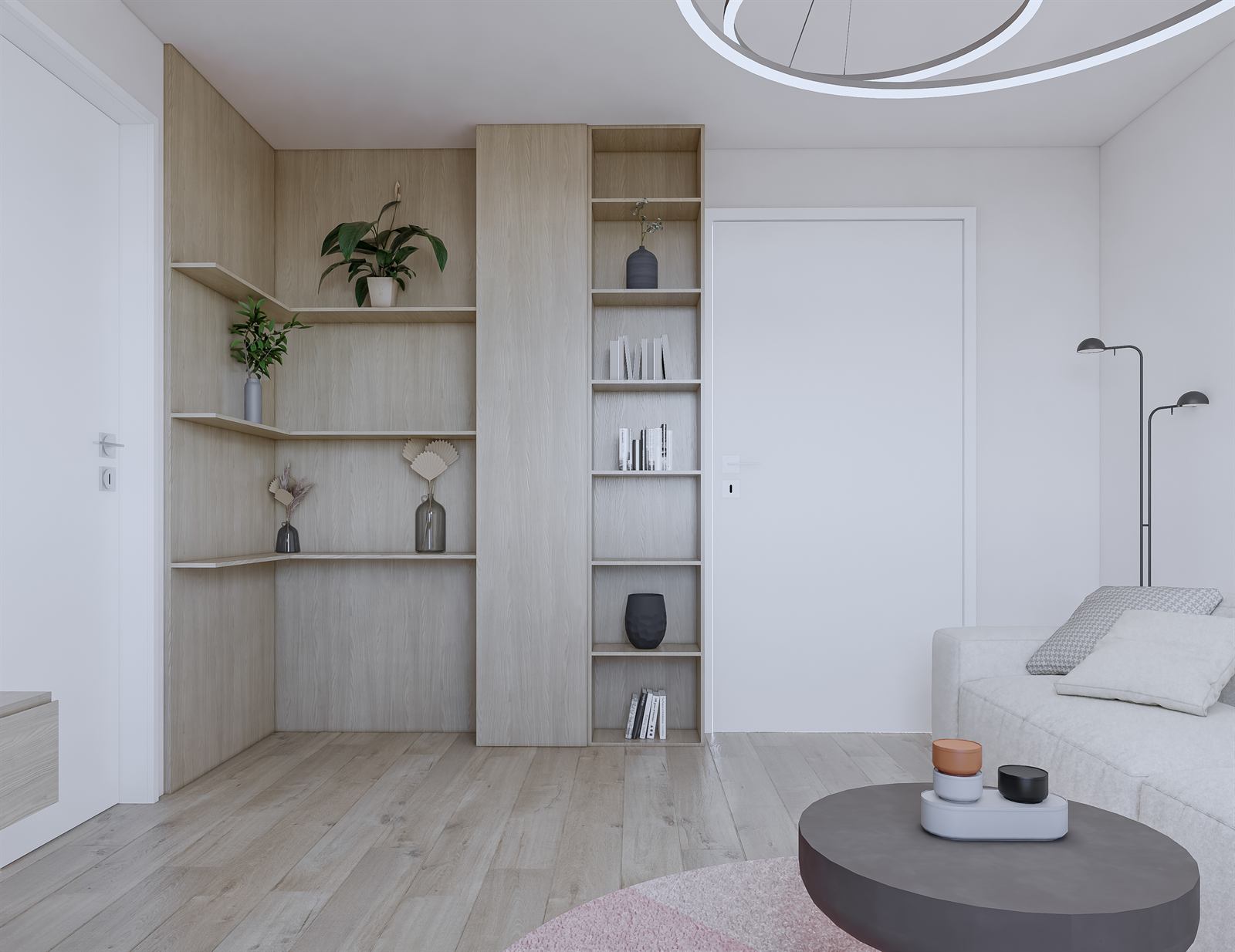 3D vizualizácia interiéru v béžovej farbe s drevom, iný pohľad