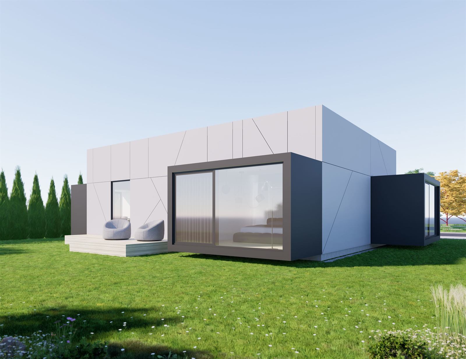 3D návrh moderného rodinného domu so sivou a antracitovou fasádou