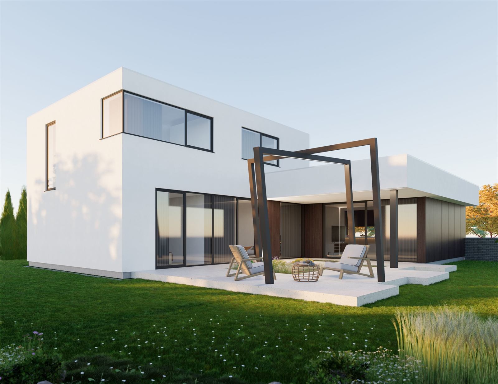 3D vizualizácia dvojpodlažného rodinného domu s betónovou terasou