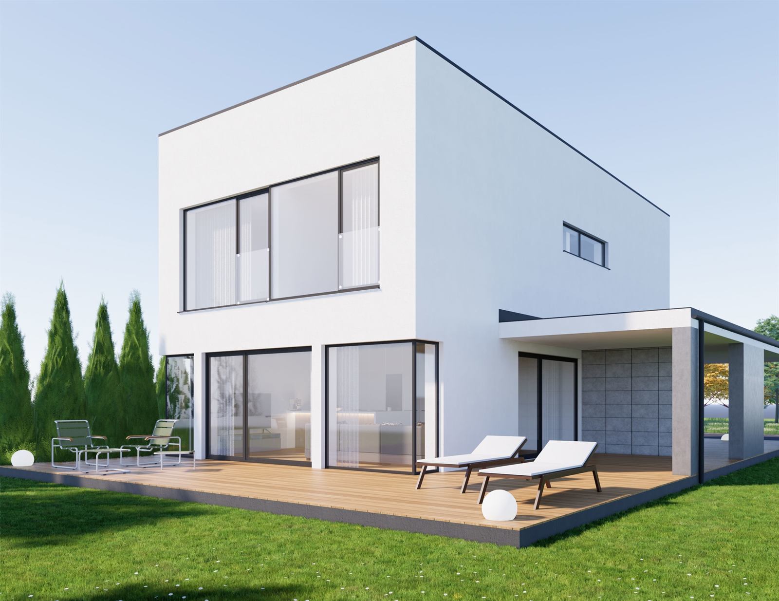 3D vizualizácia dvojpodlažného rodinného domu s bielou fasádou