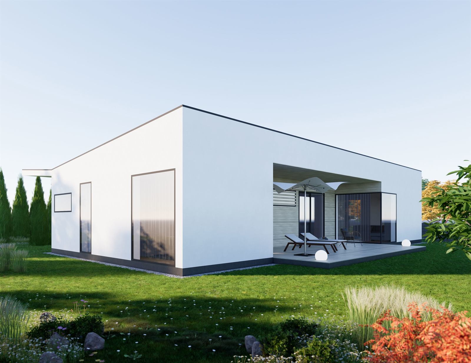 3D vizualizácia moderného bieleho rodinného domu