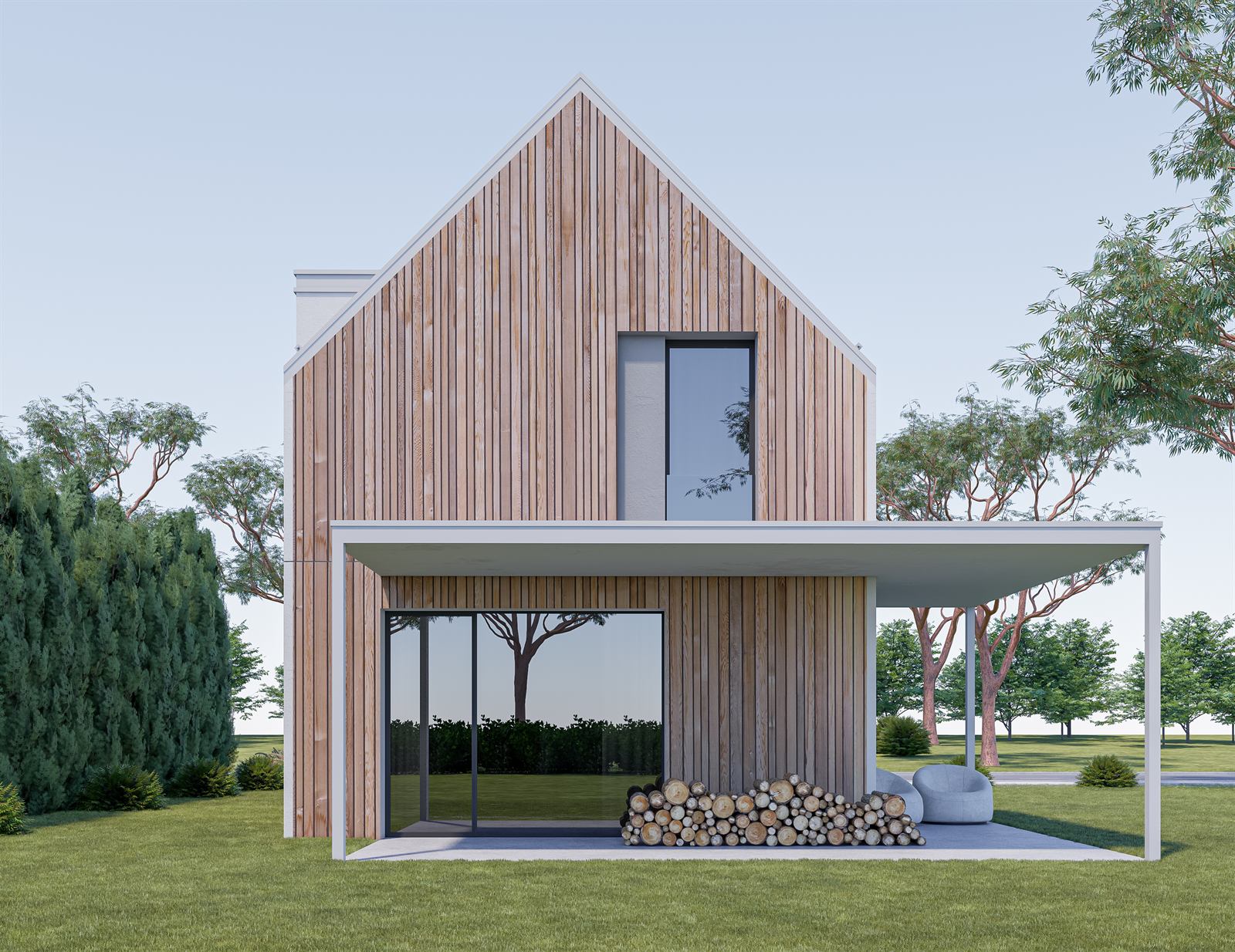 3D vizualizácia moderného rodinného domu s drevenou fasádou