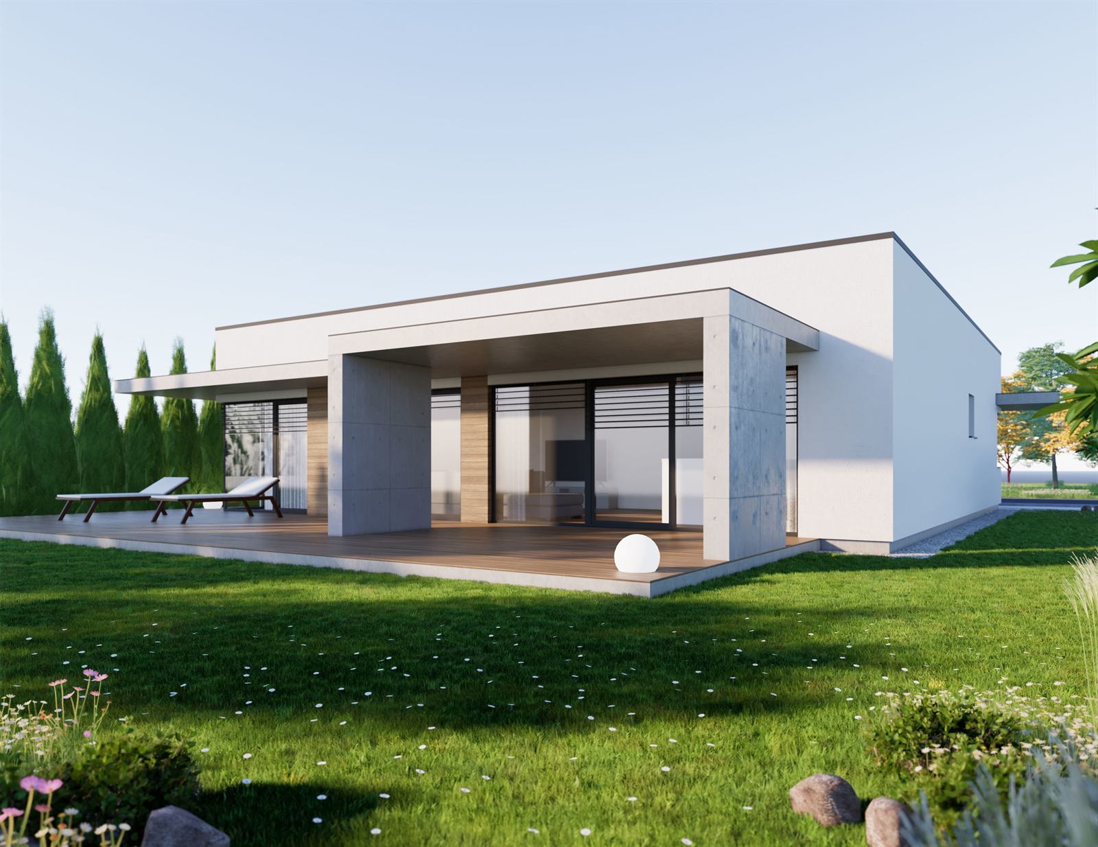 3D vizualizácia rodinného domu s bielou fasádou a betónom