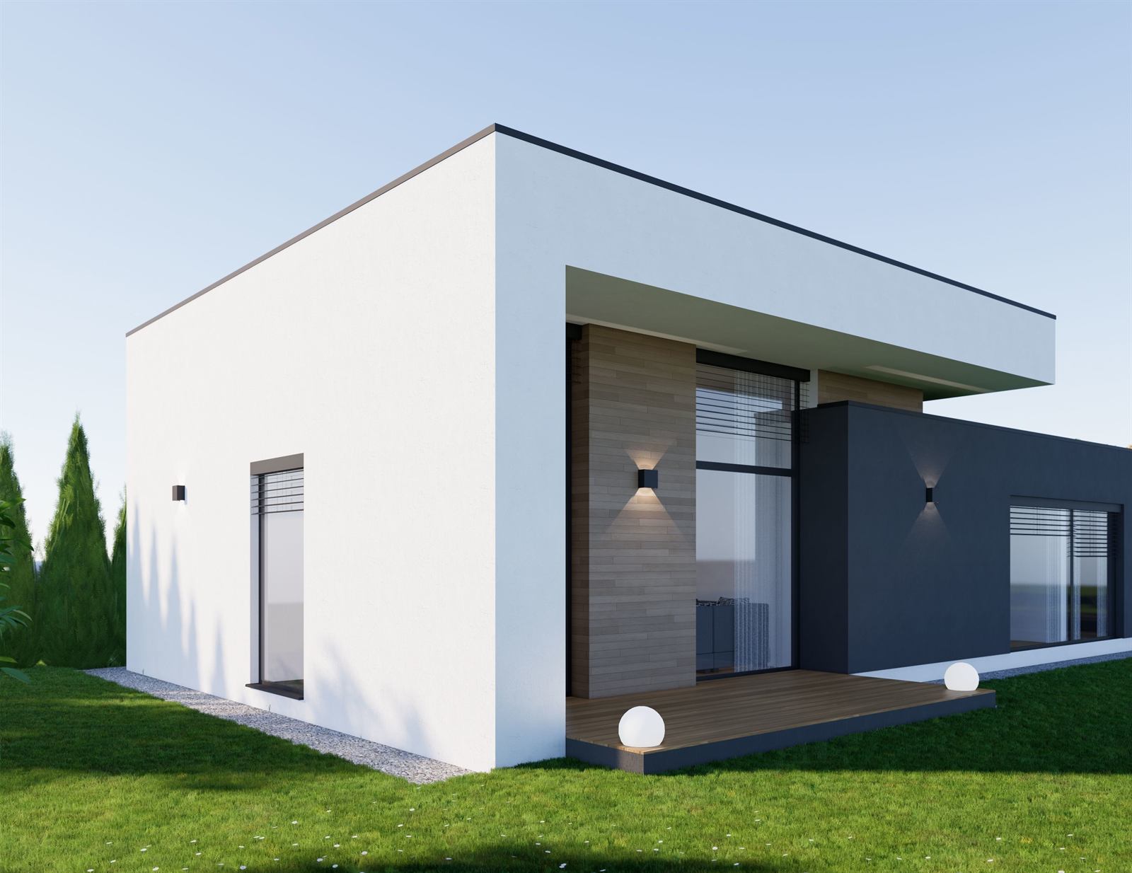 3D vizualizácia rodinného domu s bielou, drevenou a antracitovou fasádou