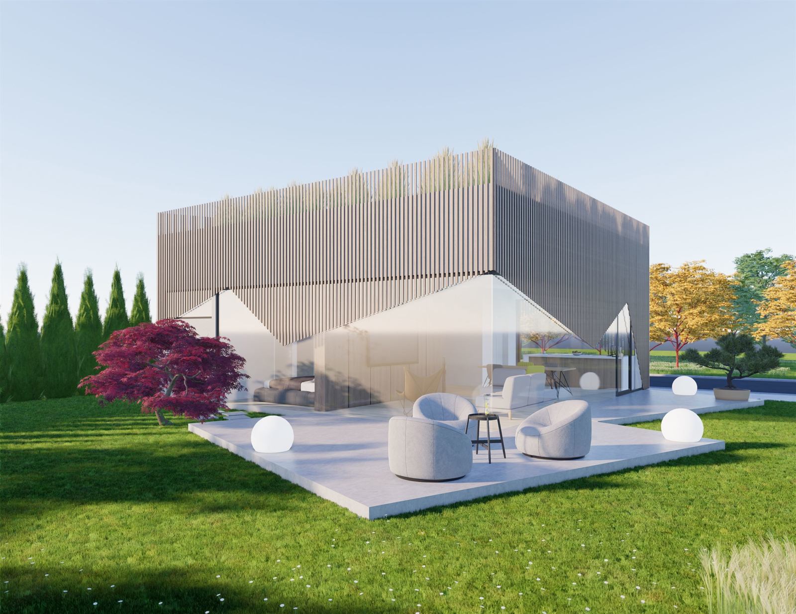 3D vizualizácia rodinného domu s drevenými lamelami