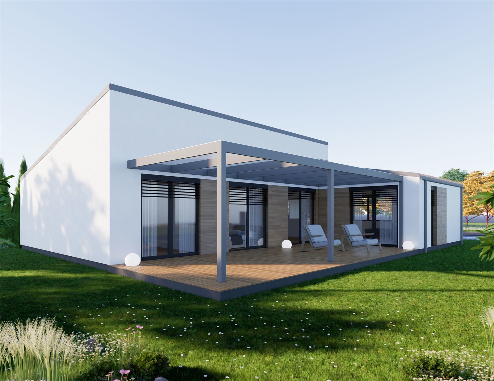 3D vizualizácia rodinného domu s bielou drevenou fasádou a prístreškom
