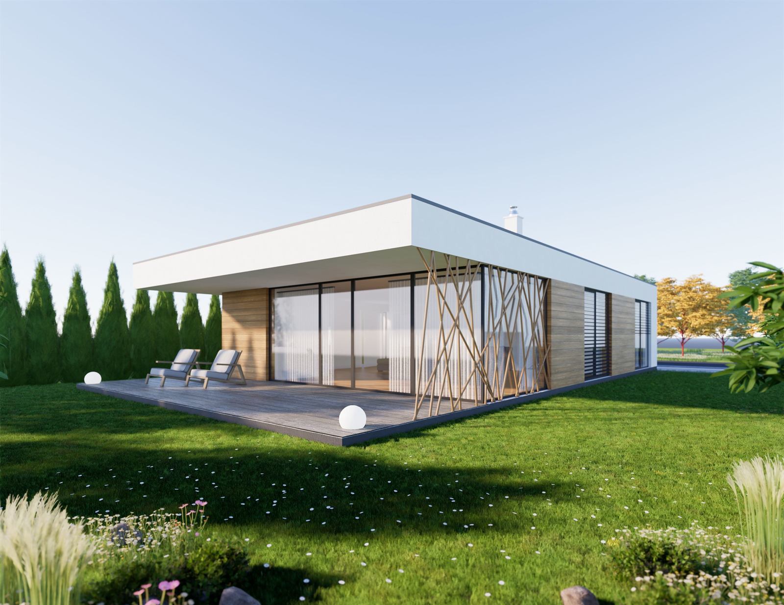 3D vizualizácia rodinného domu s drevenými lamelami
