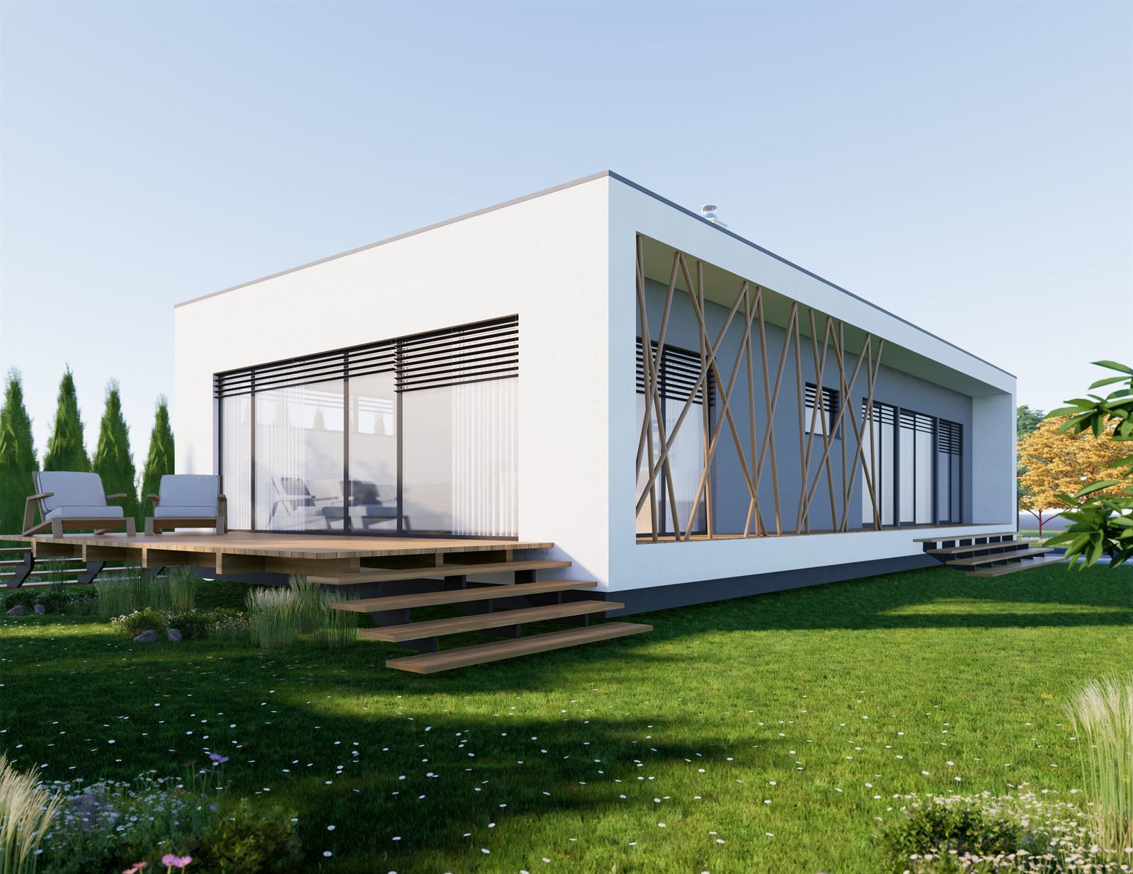 3D vizualizácia rodinného domu so sivou a bielou fasádou