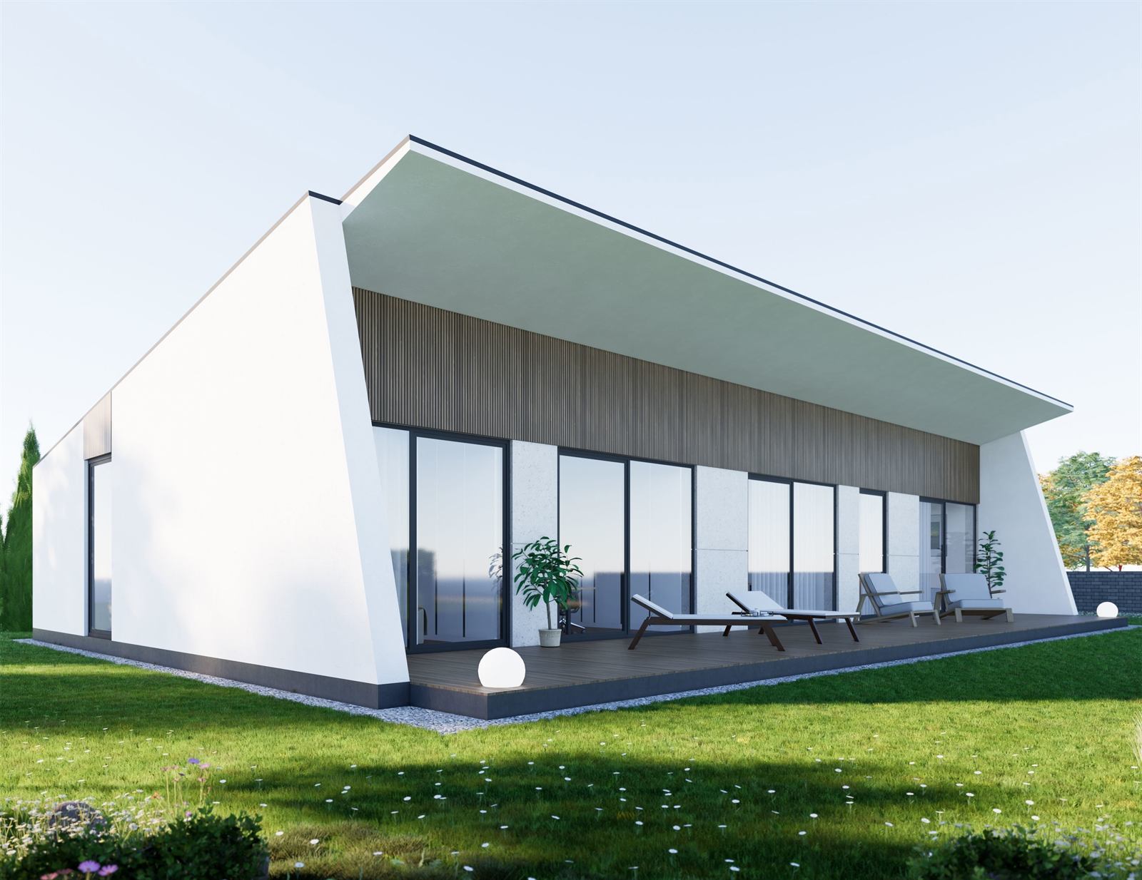 3D vizualizácia veľkého rodinného domu s bielou a drevenou fasádou
