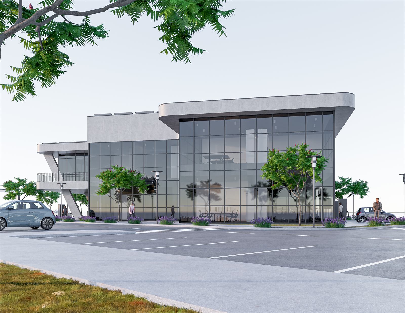 3D vizualizácia polyfunkčného domu a nabíjacieho centra pre elektromobily