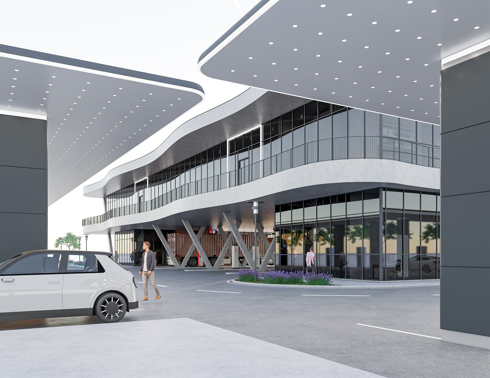 3D vizualizácia polyfunkčného domu a nabíjacieho centra pre elektromobily