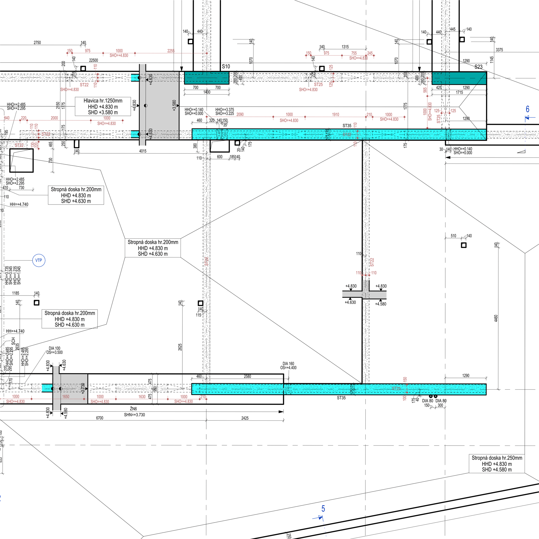 Ukážka realizačného výkresu tvaru zo statiky, spracovaného z BIM modelu v Revite